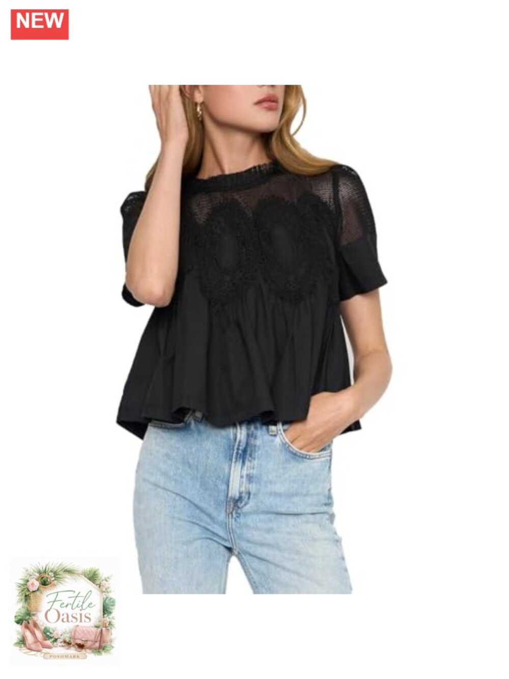 Women's Babydoll Blouse Short Sleeve Lace Trim Cotton Blend